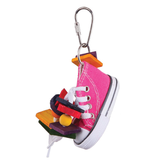 Pink sneaker-shaped bird toy with colorful wooden blocks attached.