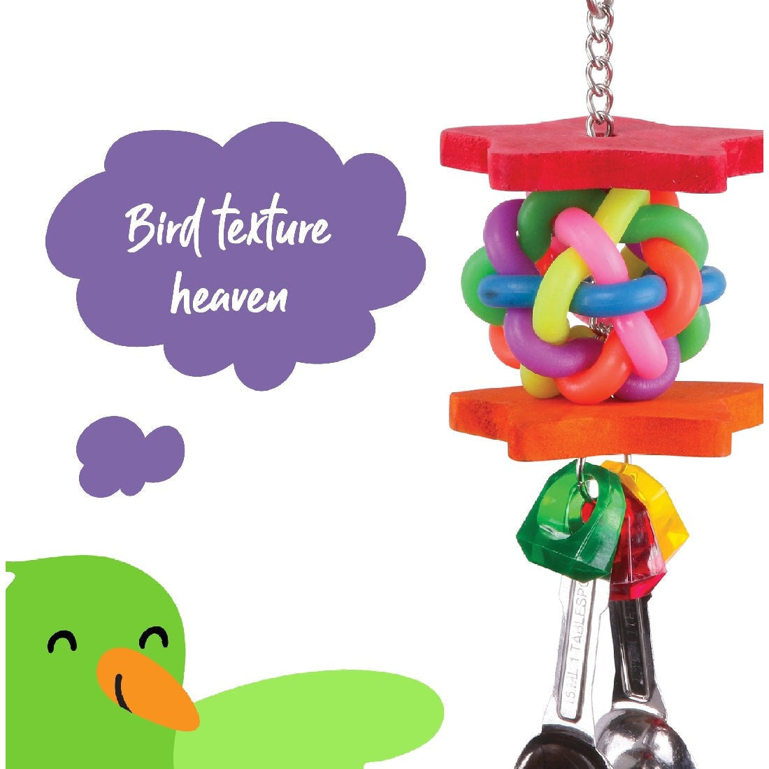 Colorful bird toy with text "Bird texture heaven," chain, and wooden blocks.