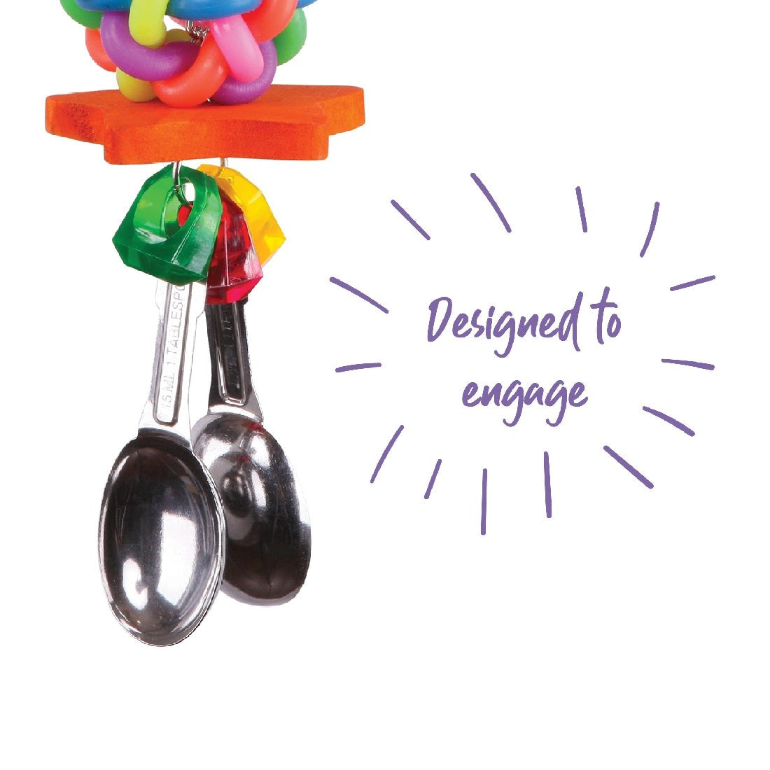 Colorful bird toy with spoons and beads, text "Designed to engage".