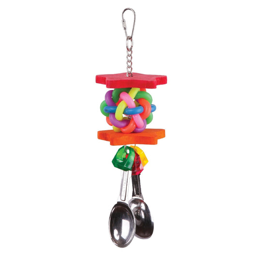Colorful bird toy with wooden blocks and plastic rings on chain.