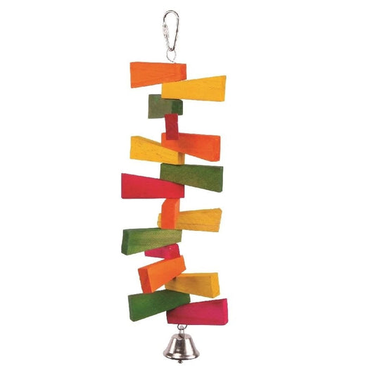 Colorful wooden blocks hanging bird toy with metal bell.