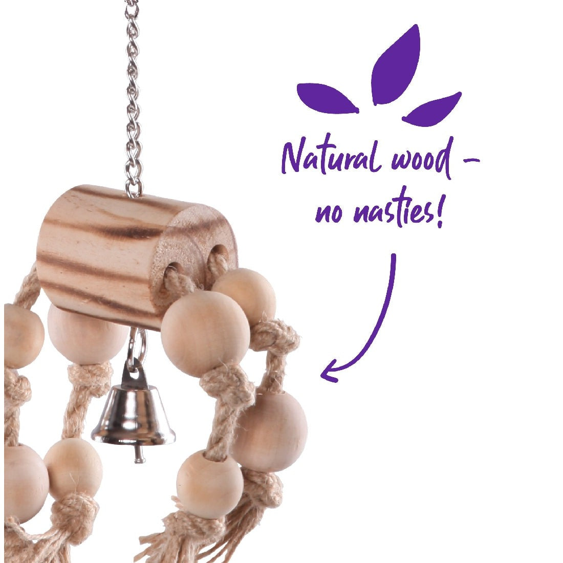 Hanging wooden bird toy with beads, rope, and a small bell.