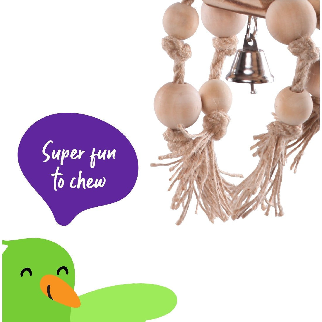 Bird toy with wooden beads, knots, and bell, advertised as chewable.