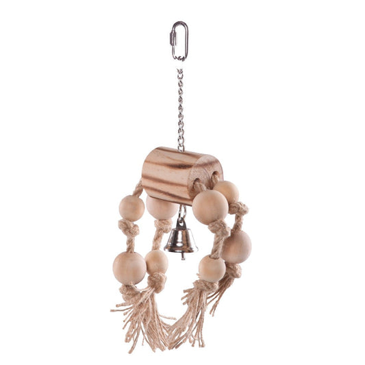 Wooden bird toy with beads, ropes, and bell on white background.
