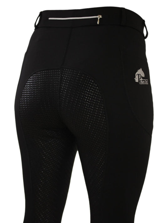 Black horse riding tights with grip texture and logo on thigh.