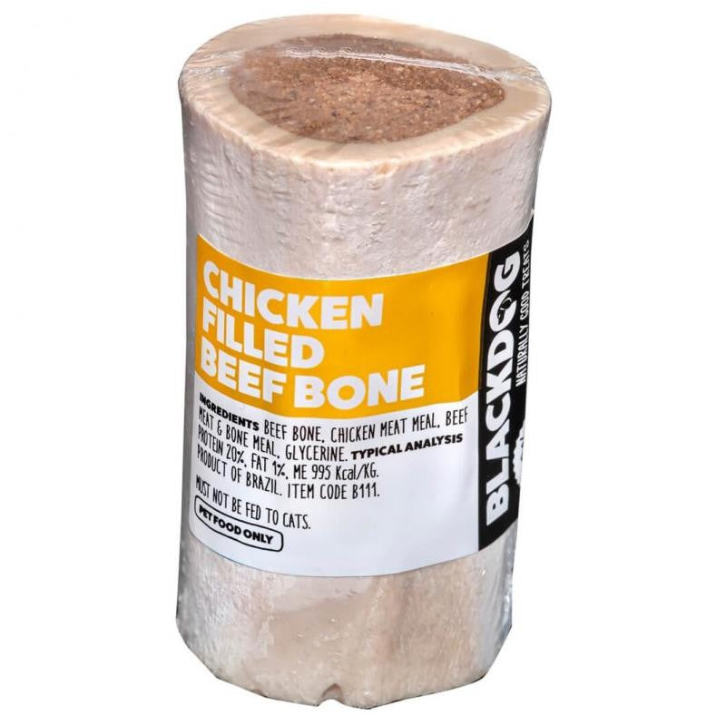 Blackdog brand chicken filled beef bone for dogs on white background.