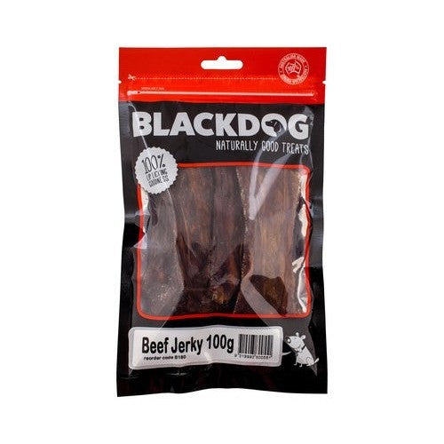 Blackdog Beef Jerky 100g dog treat packaging on white background.