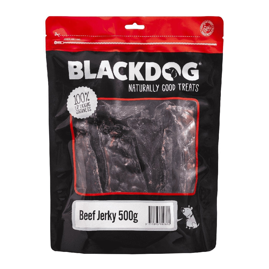 Blackdog brand Beef Jerky treats 500g package with clear window.