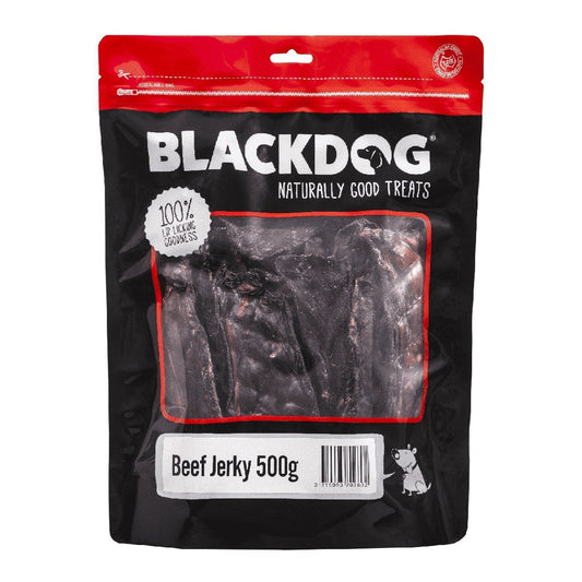 Blackdog brand Beef Jerky treats 500g package with clear window.