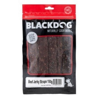Blackdog beef jerky straps packet, 150g, clear window display.