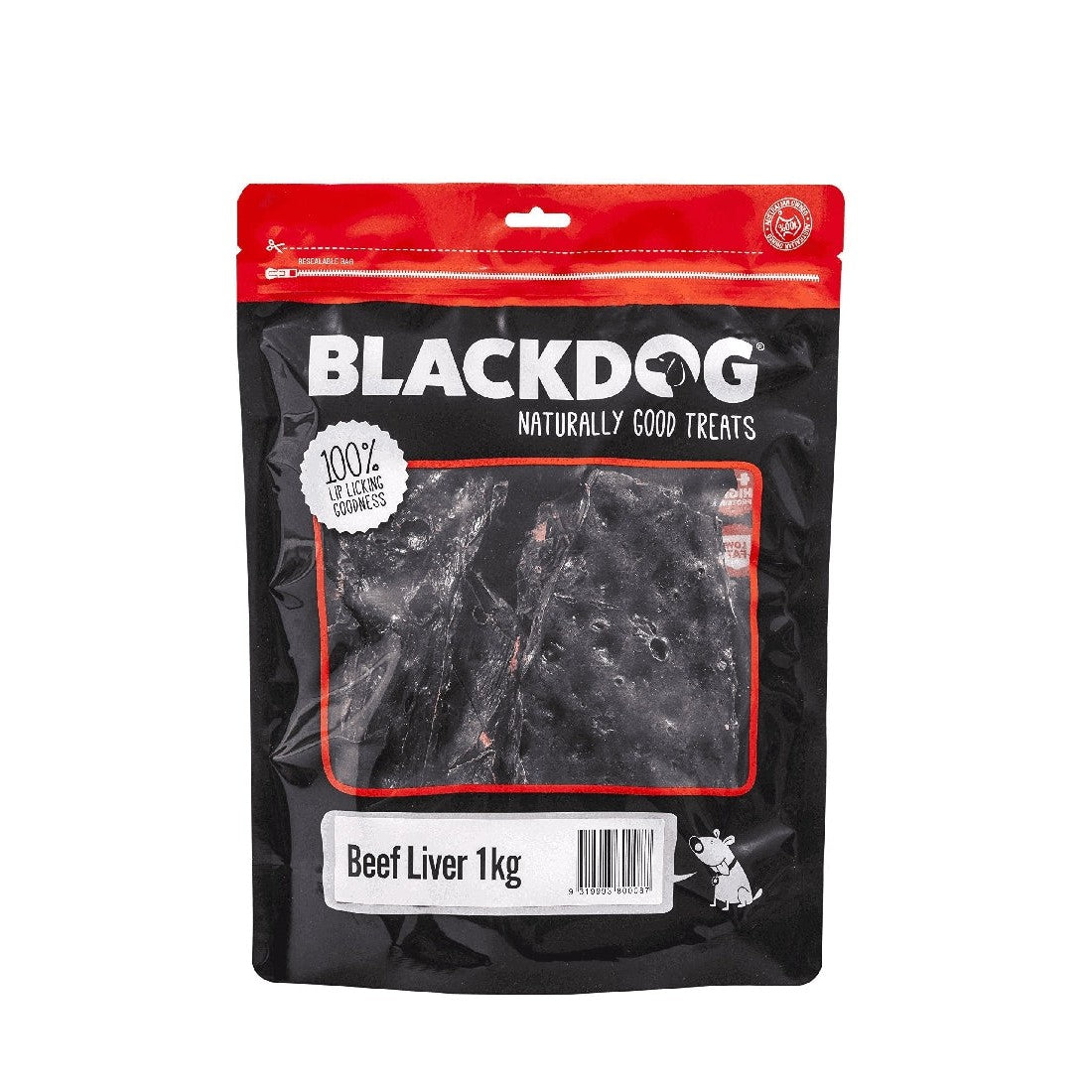 Blackdog Beef Liver 1kg dog treats in sealed packaging.