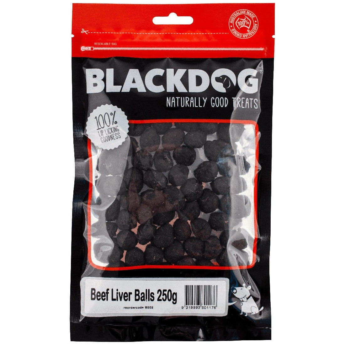 Blackdog Beef Liver Balls dog treats in a resealable 250g package.