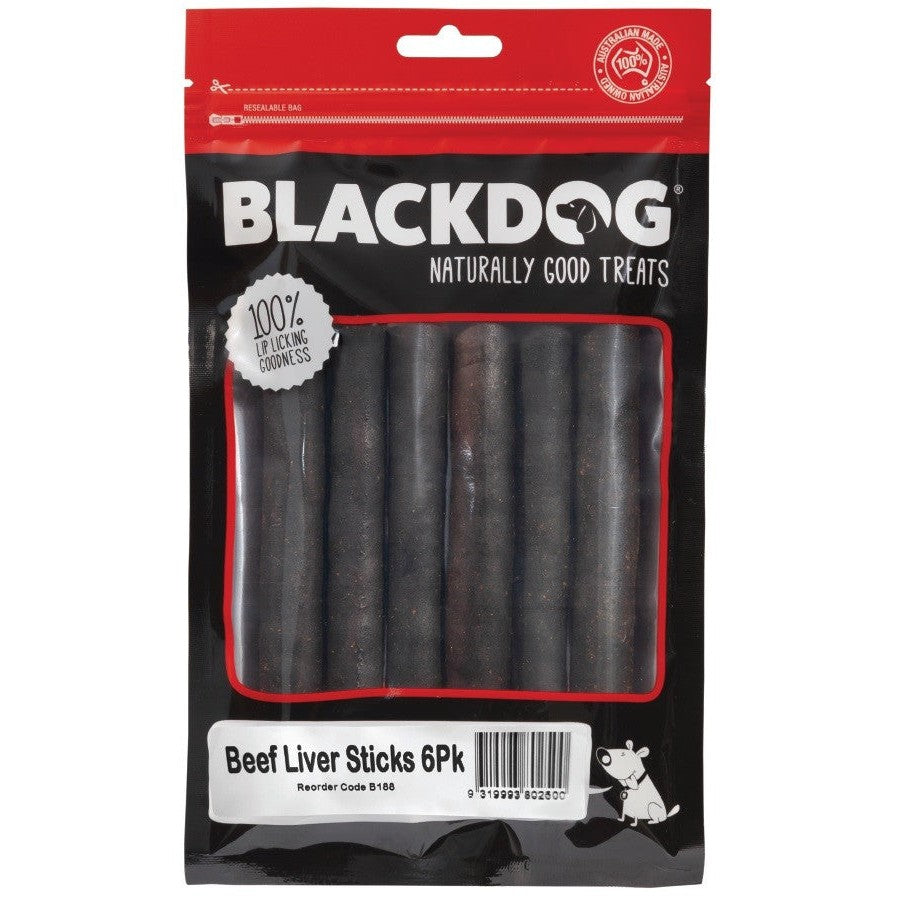 Blackdog Beef Liver Sticks 6PK treat package on white background.