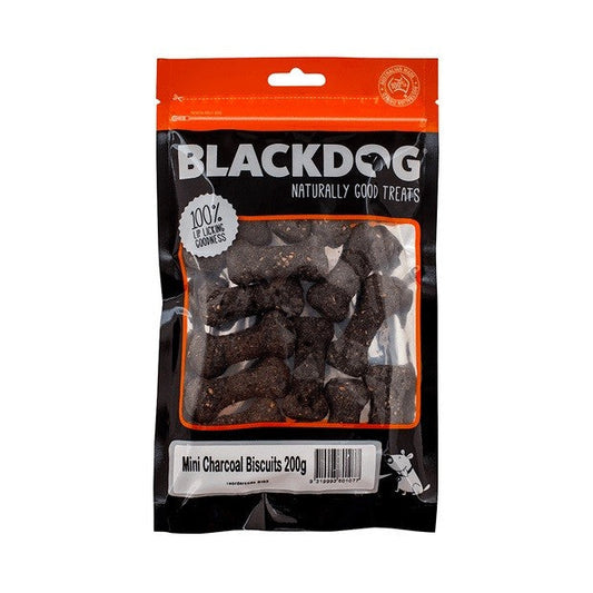 Blackdog brand Mini Charcoal Biscuits for dogs, 200g package.