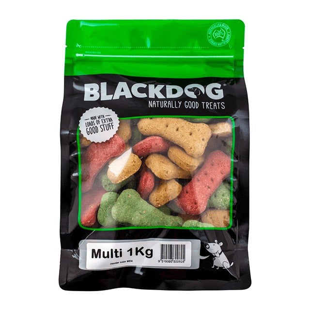 Blackdog brand 1kg pack of multi-colored naturally good dog treats.
