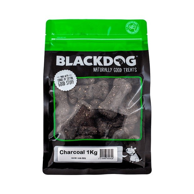 Blackdog brand charcoal dog treats in a 1kg resealable package.