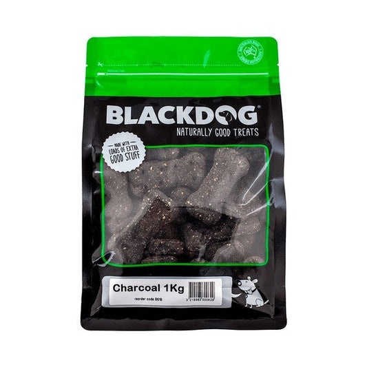 Blackdog brand charcoal dog treats in a 1kg resealable package.