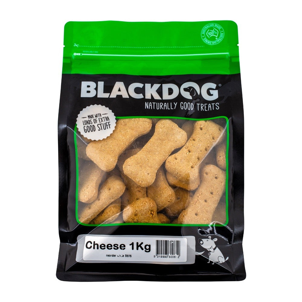 Blackdog cheese-flavored dog treats in a 1kg clear-front package.