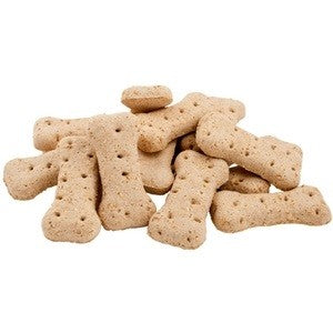 Blackdog brand bone-shaped dog biscuits piled on a white background.
