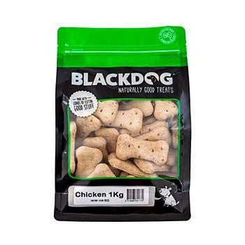 Blackdog chicken-flavored dog treats in a 1kg resealable package.