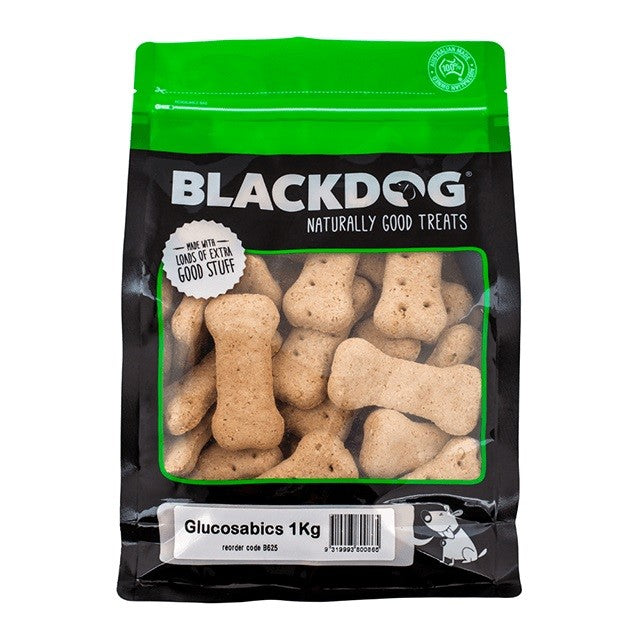 Blackdog brand Glucosabics 1kg dog treats in a resealable bag.