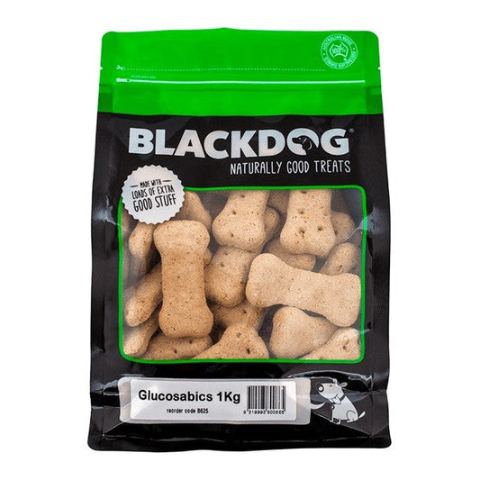 Blackdog brand Glucosabics 1kg dog treats in a resealable bag.