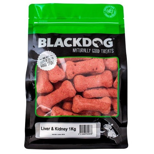 Blackdog Liver & Kidney treats, 1Kg pack, green branding, transparent window.