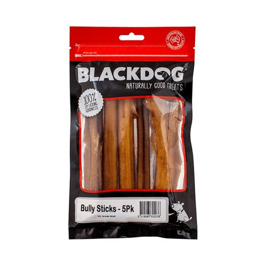 Blackdog Bully Sticks 5-Pack dog treats packaging, red and black design.