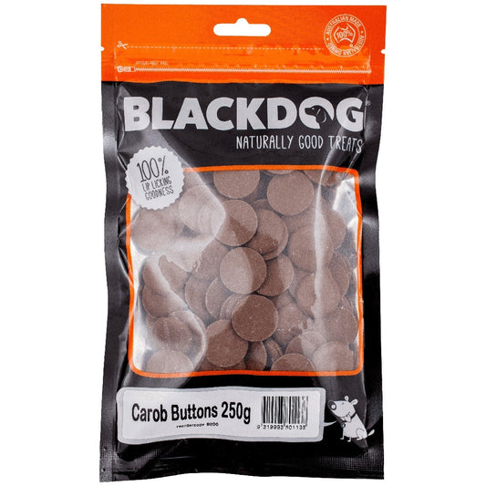 Blackdog Carob Buttons treats package, 250g with visible contents.
