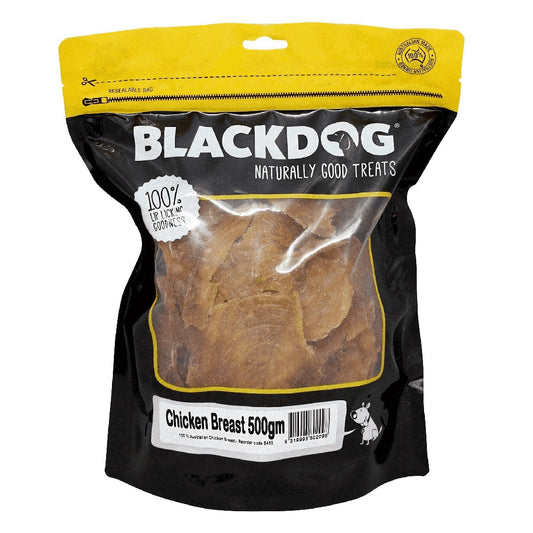 Blackdog chicken breast dog treats, 500g resealable bag, pet food.