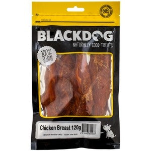 Blackdog Chicken Breast dog treats packet, 120g, sealed, displayed.