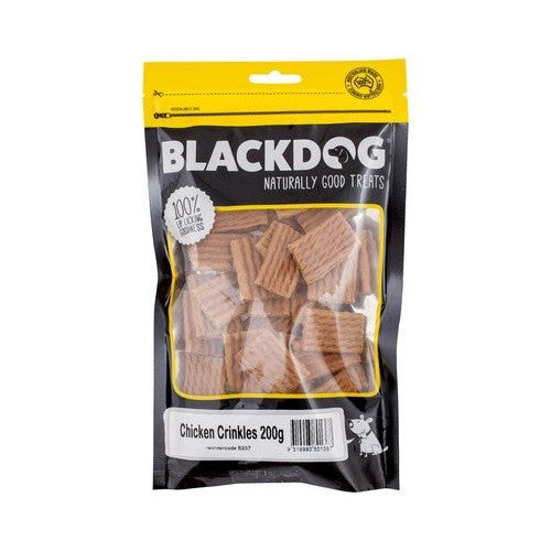Blackdog Chicken Crinkles dog treats in a 200g package.