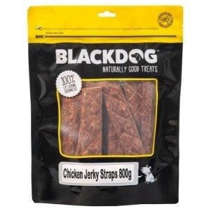 Blackdog Chicken Jerky Straps 800g package, dog treats visible.