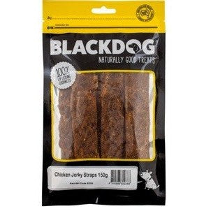 Blackdog chicken jerky straps dog treats in a yellow package.