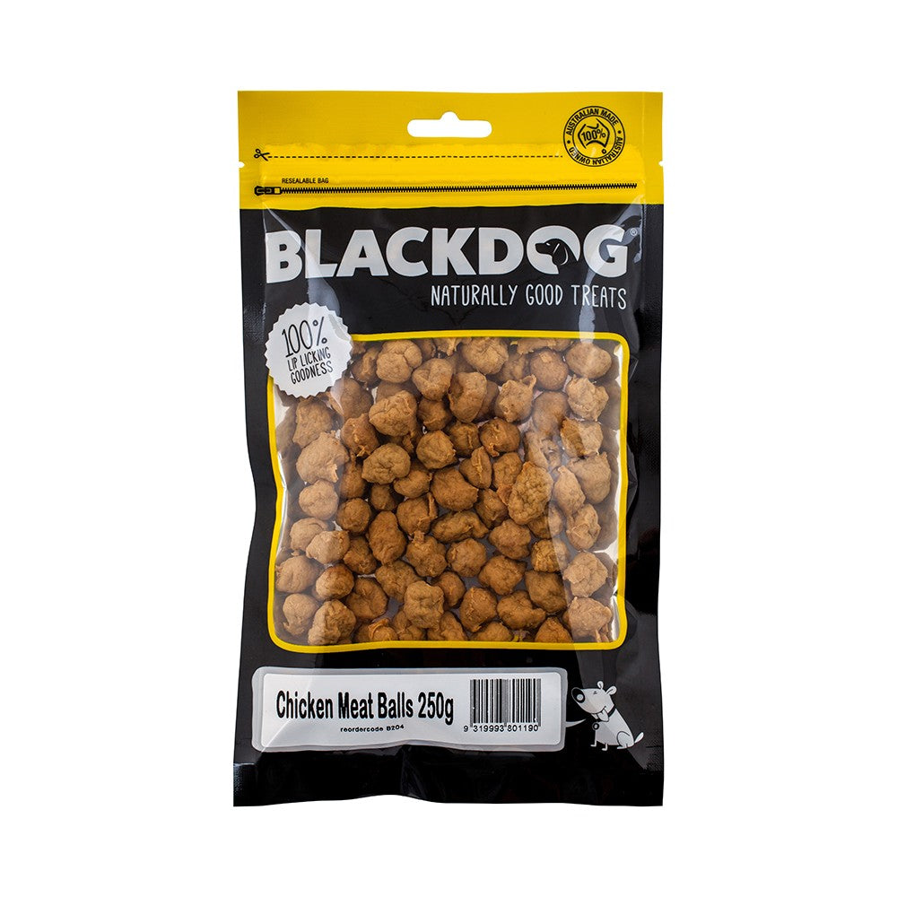 Blackdog chicken meat balls treats in a clear front package.