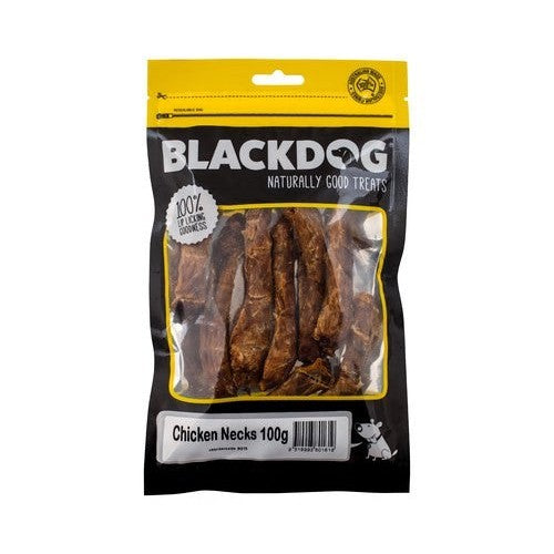 Blackdog brand chicken necks dog treats in a 100g package.