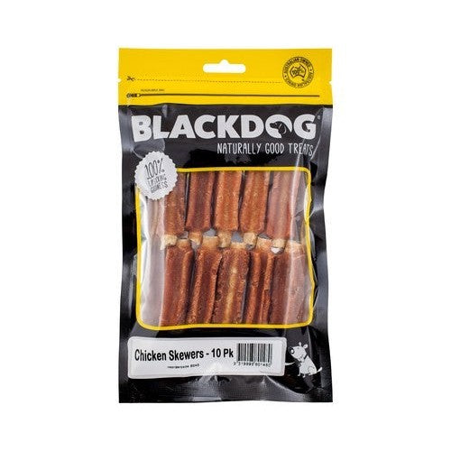 Blackdog chicken skewers treats packaging, 10 pieces, for dogs.