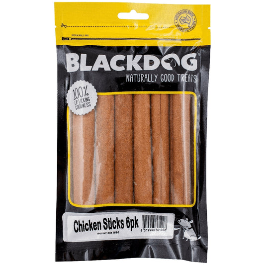 Blackdog Chicken Sticks dog treats packaging, six-pack visible through window.