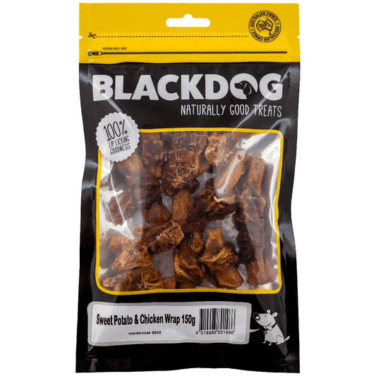 "Blackdog brand dog treats, Sweet Potato & Chicken Wrap, in package."