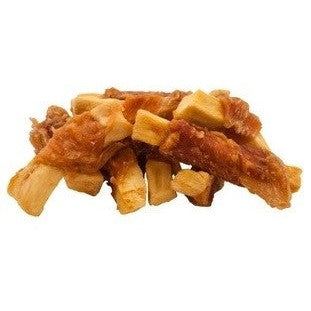 Pile of Blackdog chicken fillet treats on a white background.