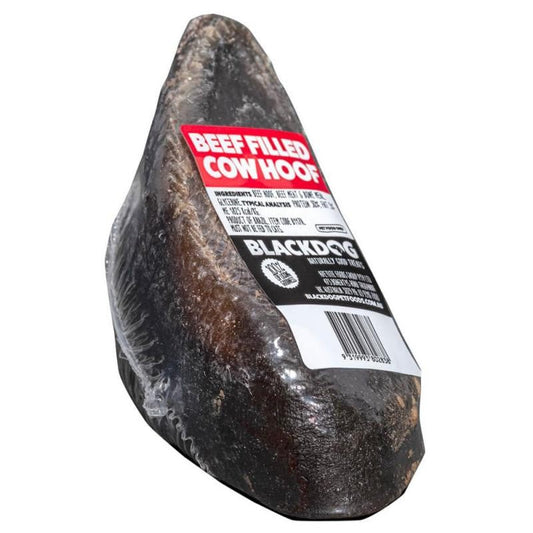 Blackdog brand beef-filled cow hoof dog treat on white background.