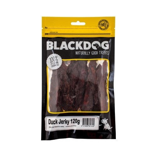 Blackdog Duck Jerky 120g dog treats in a sealed package.