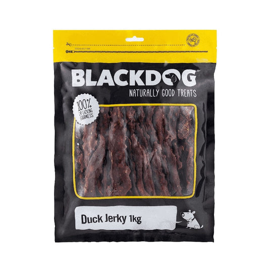 Blackdog brand Duck Jerky 1kg package for dog treats.