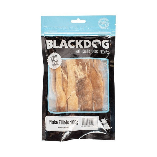 Blackdog brand Flake Fillets dog treats in a 100g package.