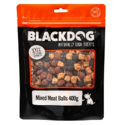 Package of Blackdog kangaroo dog treats, mixed meat balls.
