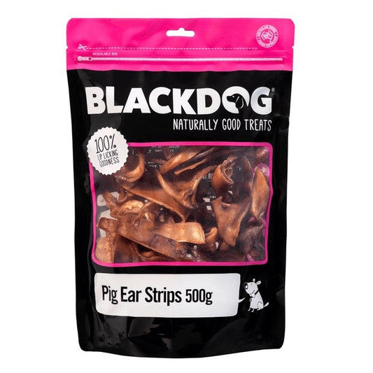 Blackdog pig ear strips for dogs, 500g packaging, with visible treats.