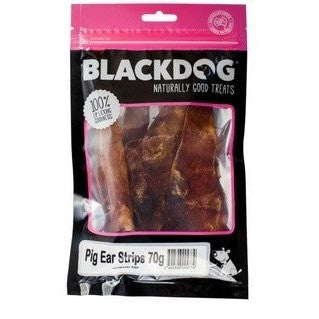 Blackdog Pig Ear Strips dog treats in sealed pink packaging.