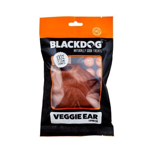 Blackdog Veggie Ear dog treat package, orange and black design.