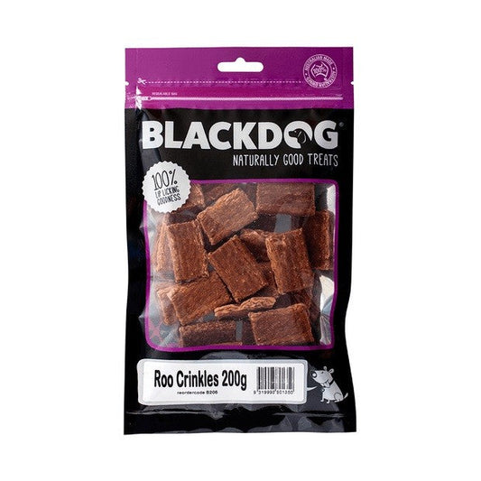 Package of Blackdog Roo Crinkles kangaroo dog treats, 200g.