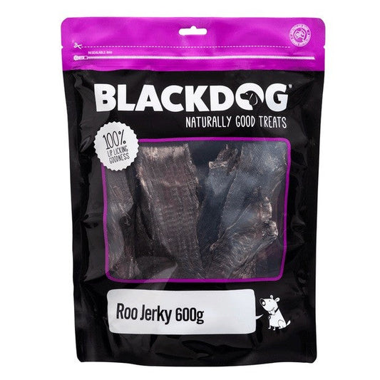 Packaged Blackdog kangaroo dog treats labeled "Roo Jerky 600g."